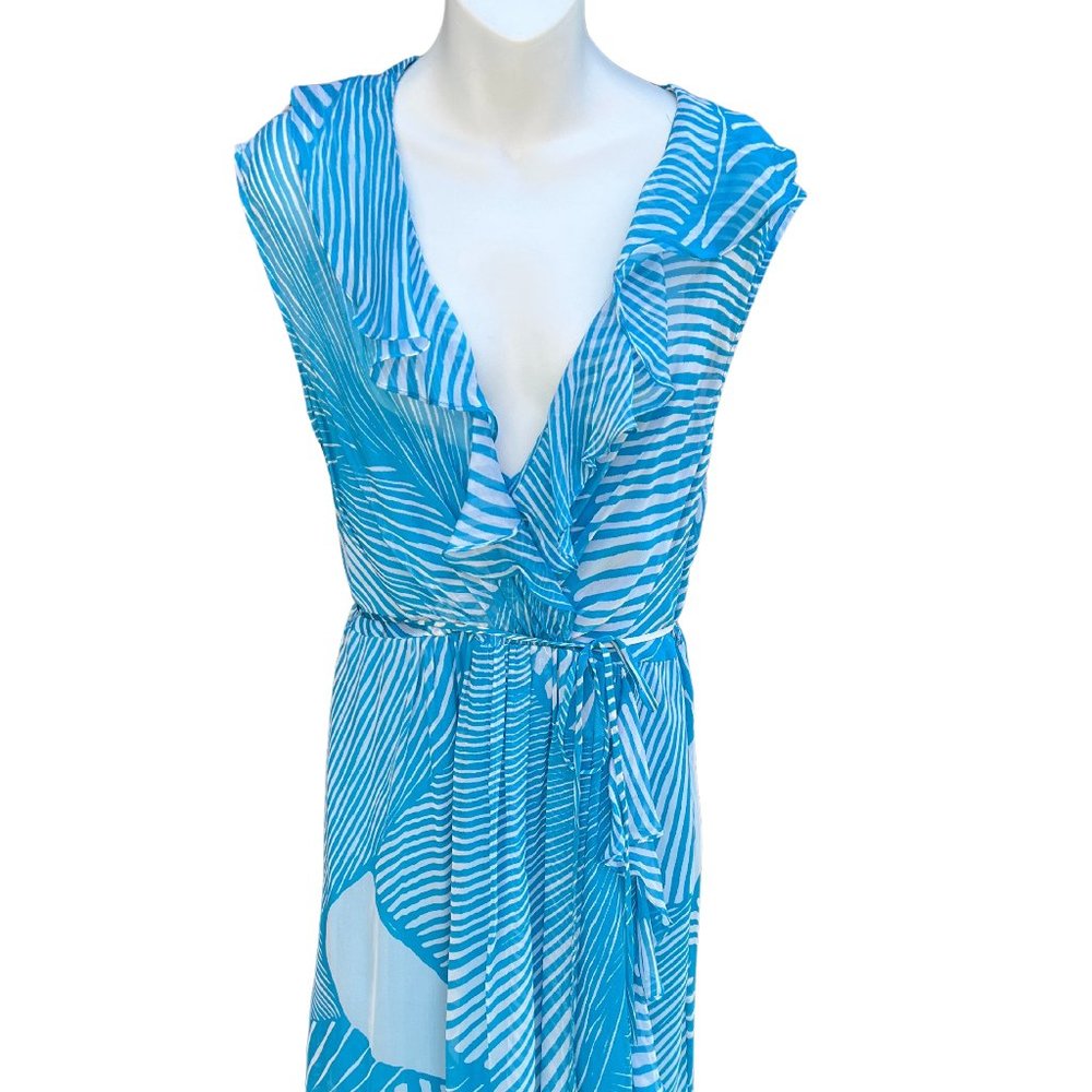 Milly of New York Sleeveless V-Neck Midi Dress Blue & White Size 10